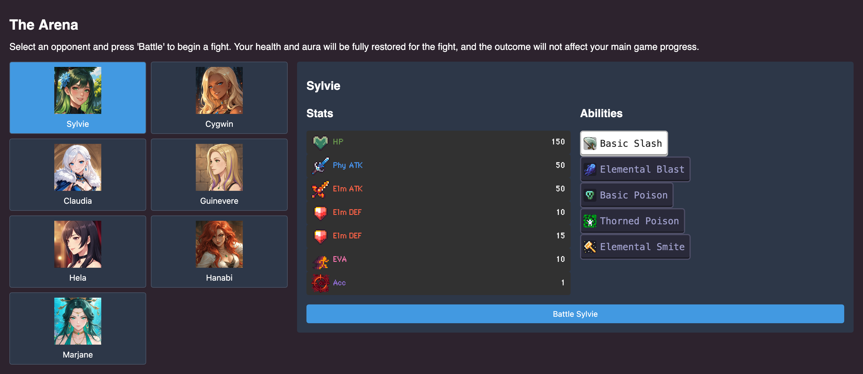 An early version of the Arena combat UI